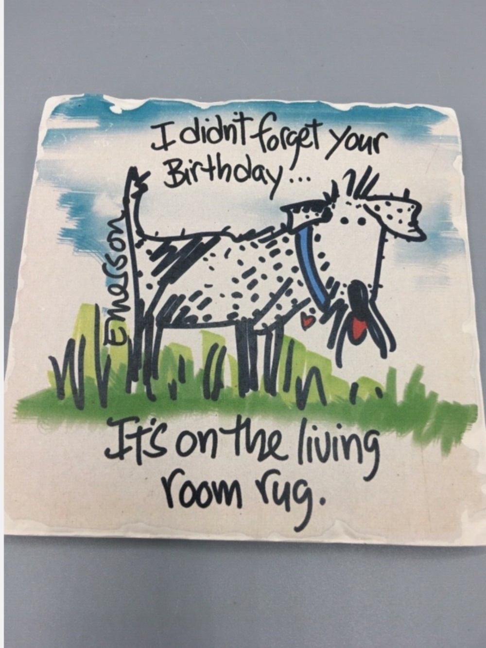Dog Themed Tumbled Stone coaster “I didn’t forget your Birthday…”